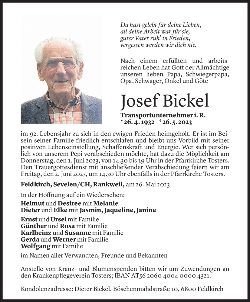  Todesanzeige für Josef Bickel vom 31.05.2023 aus Vorarlberger Nachrichten