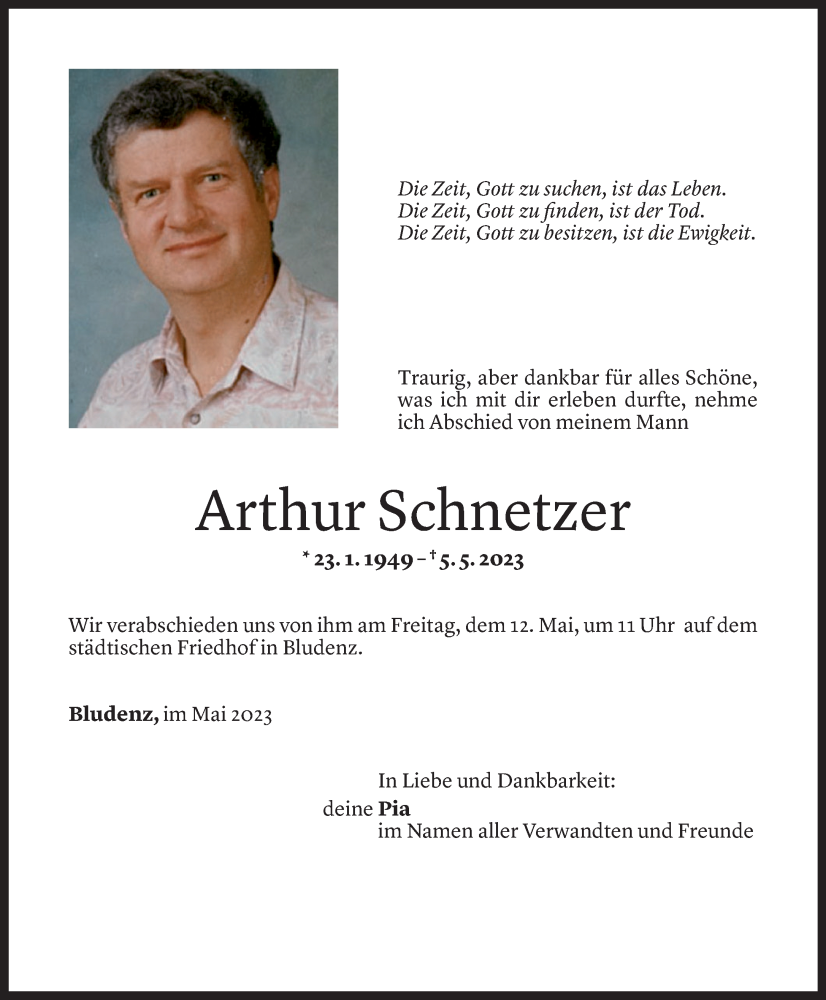  Todesanzeige für Arthur Schnetzer vom 10.05.2023 aus Vorarlberger Nachrichten