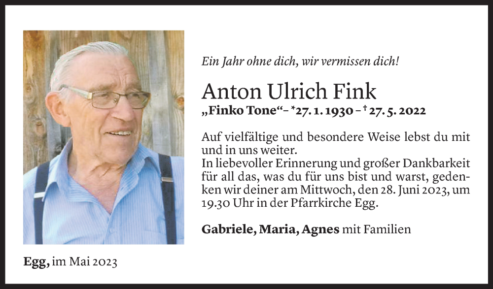  Todesanzeige für Anton Ulrich Fink vom 27.05.2023 aus Vorarlberger Nachrichten