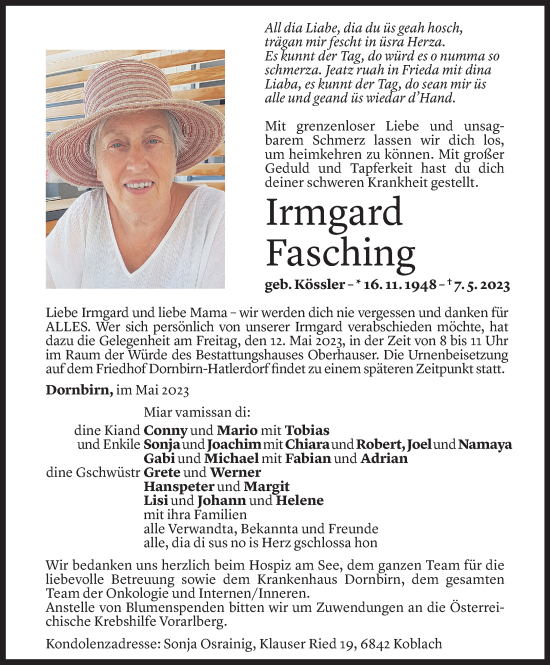 Todesanzeige von Irmgard Fasching von Vorarlberger Nachrichten