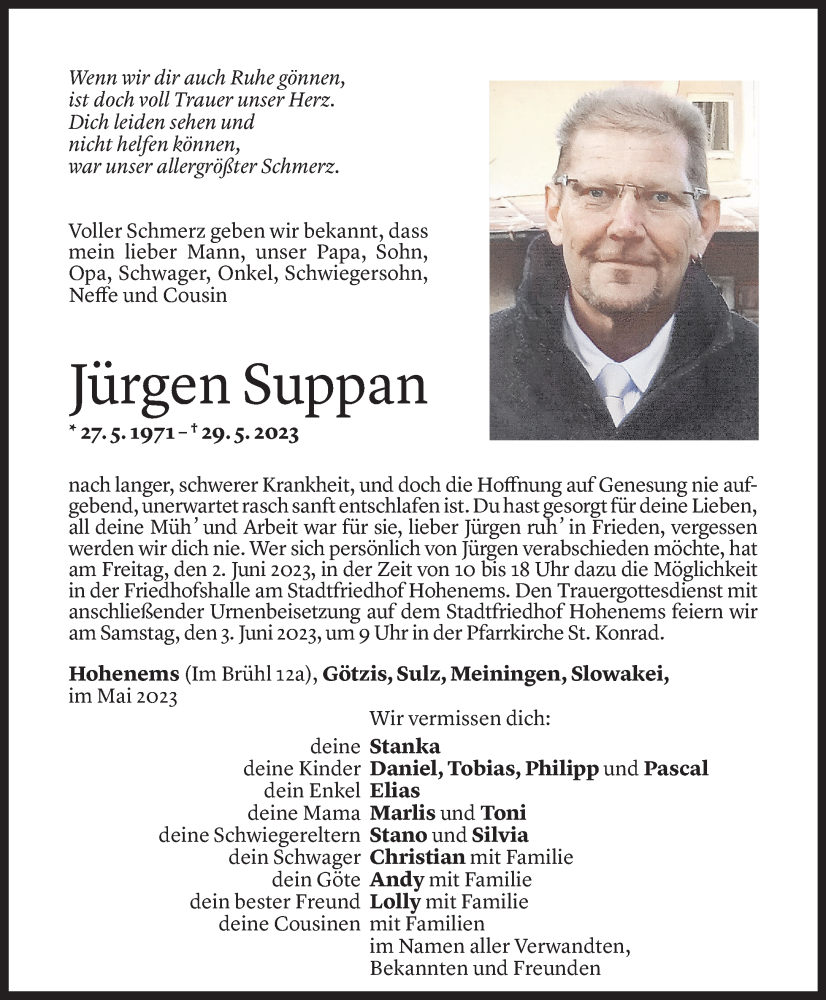  Todesanzeige für Jürgen Suppan vom 01.06.2023 aus Vorarlberger Nachrichten