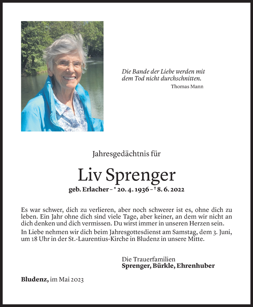  Todesanzeige für Liv Sprenger vom 30.05.2023 aus Vorarlberger Nachrichten