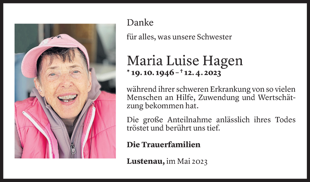  Todesanzeige für Maria Luise Hagen vom 24.05.2023 aus Vorarlberger Nachrichten