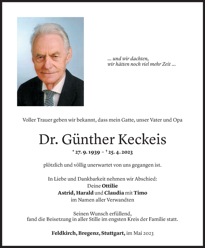  Todesanzeige für Günther Keckeis vom 04.05.2023 aus Vorarlberger Nachrichten