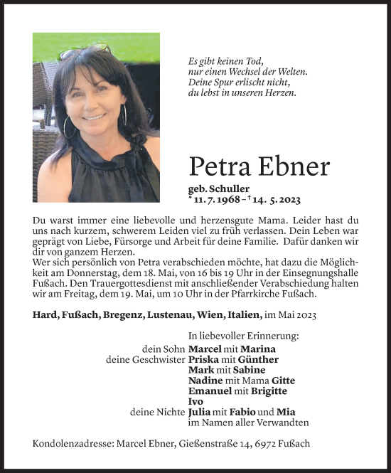 Todesanzeige von Petra Ebner von Vorarlberger Nachrichten