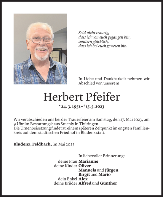 Todesanzeige von Herbert Pfeifer von Vorarlberger Nachrichten