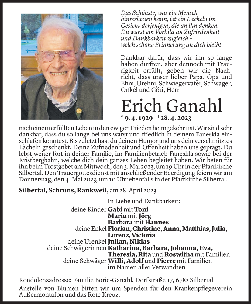  Todesanzeige für Erich Ganahl vom 01.05.2023 aus Vorarlberger Nachrichten