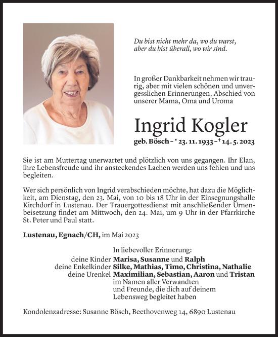 Todesanzeige von Ingrid Kogler von Vorarlberger Nachrichten