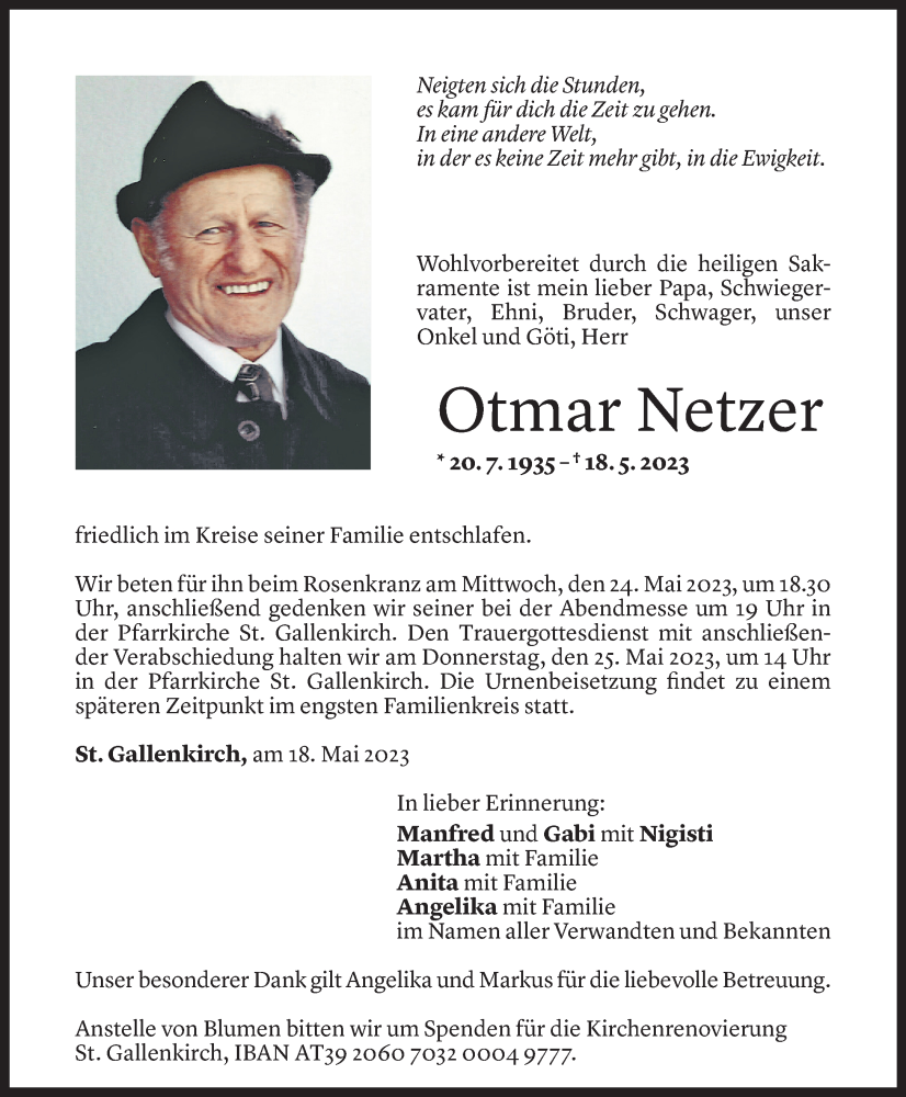  Todesanzeige für Otmar Netzer vom 20.05.2023 aus Vorarlberger Nachrichten