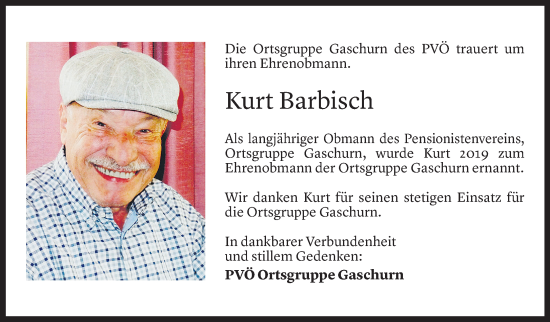 Todesanzeige von Kurt Barbisch von Vorarlberger Nachrichten