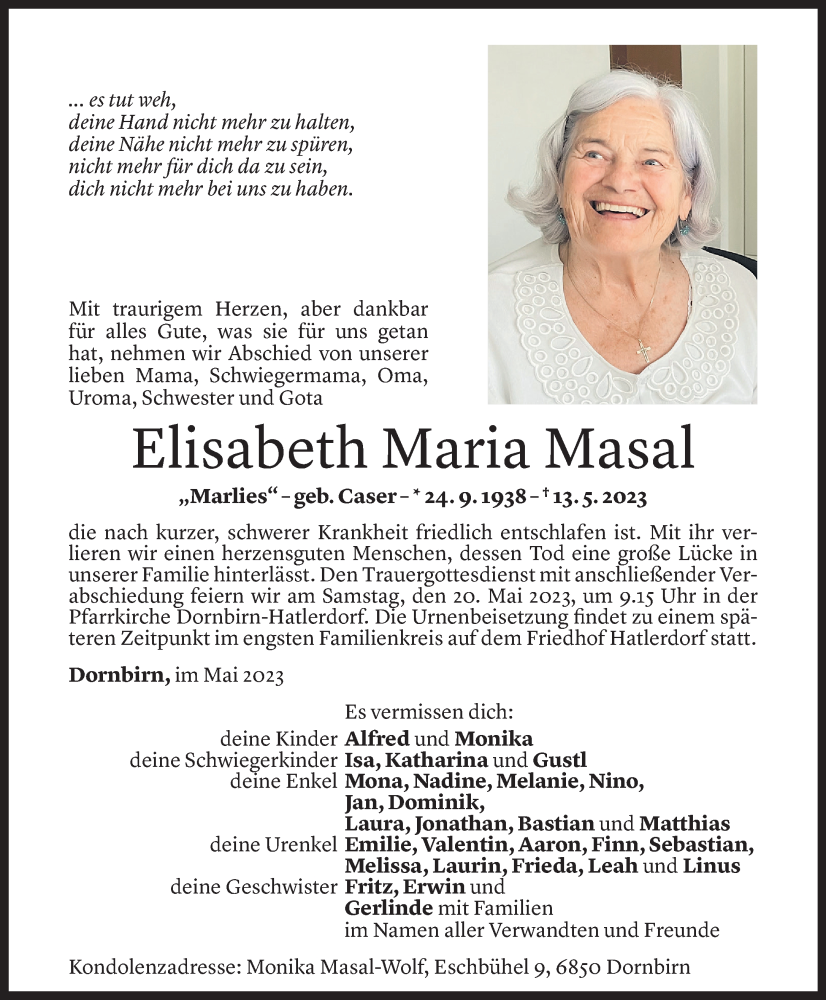 Todesanzeige für Elisabeth Maria Masal vom 17.05.2023 aus Vorarlberger Nachrichten