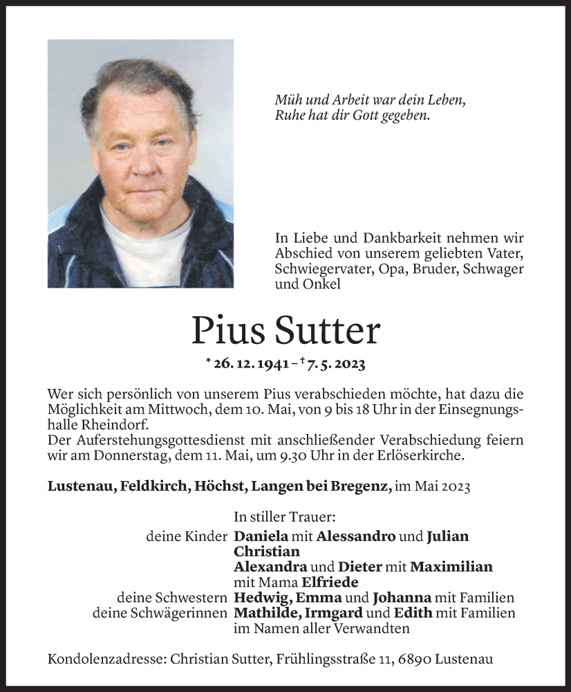  Todesanzeige für Pius Sutter vom 09.05.2023 aus Vorarlberger Nachrichten