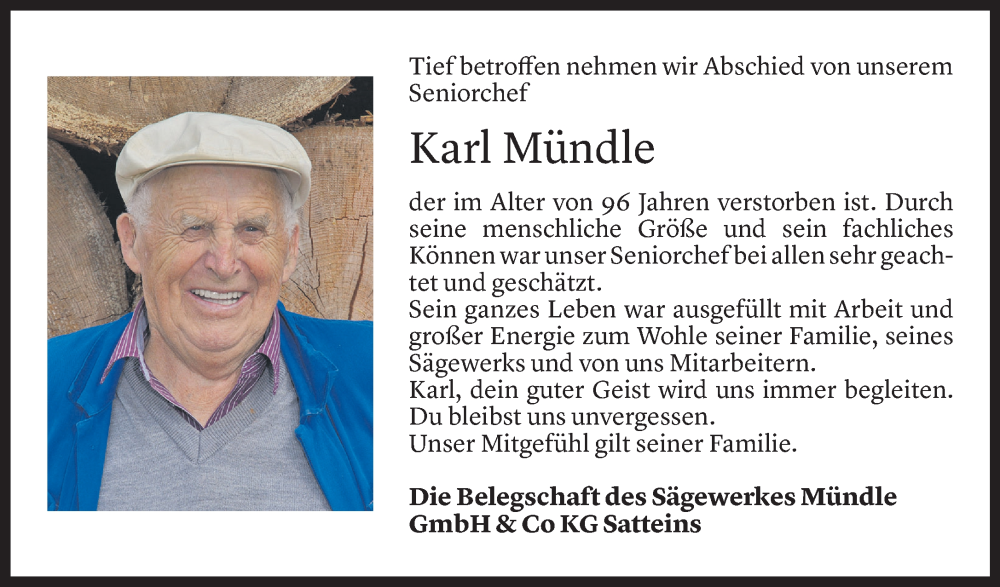  Todesanzeige für Karl Mündle vom 12.05.2023 aus Vorarlberger Nachrichten