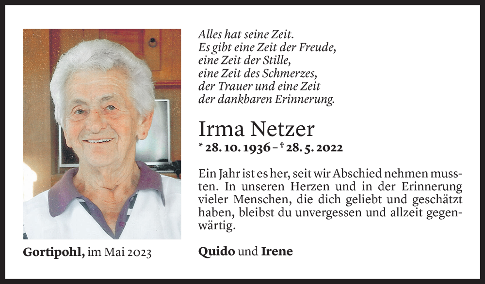  Todesanzeige für Irma Netzer vom 27.05.2023 aus Vorarlberger Nachrichten