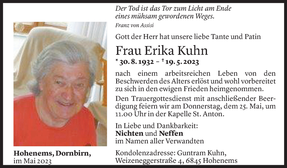  Todesanzeige für Erika Kuhn vom 23.05.2023 aus Vorarlberger Nachrichten