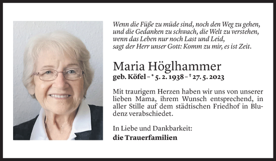 Todesanzeige von Maria Höglhammer von Vorarlberger Nachrichten