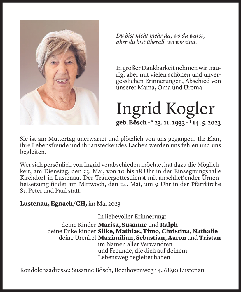  Todesanzeige für Ingrid Kogler vom 20.05.2023 aus Vorarlberger Nachrichten