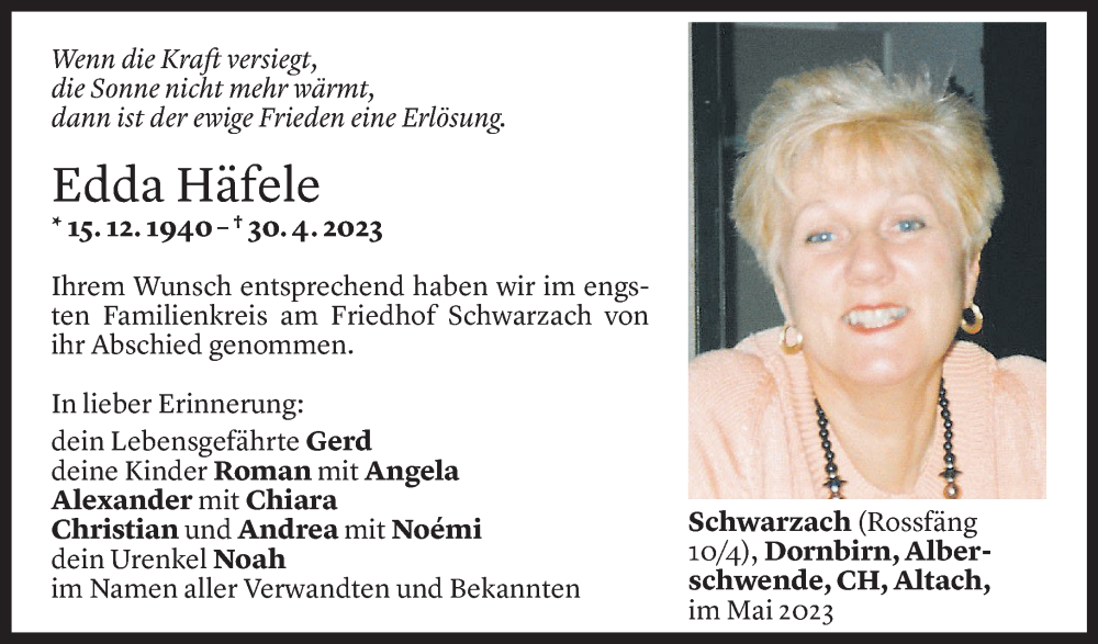  Todesanzeige für Edda Häfele vom 07.05.2023 aus Vorarlberger Nachrichten