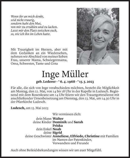 Todesanzeige von Inge Müller von Vorarlberger Nachrichten