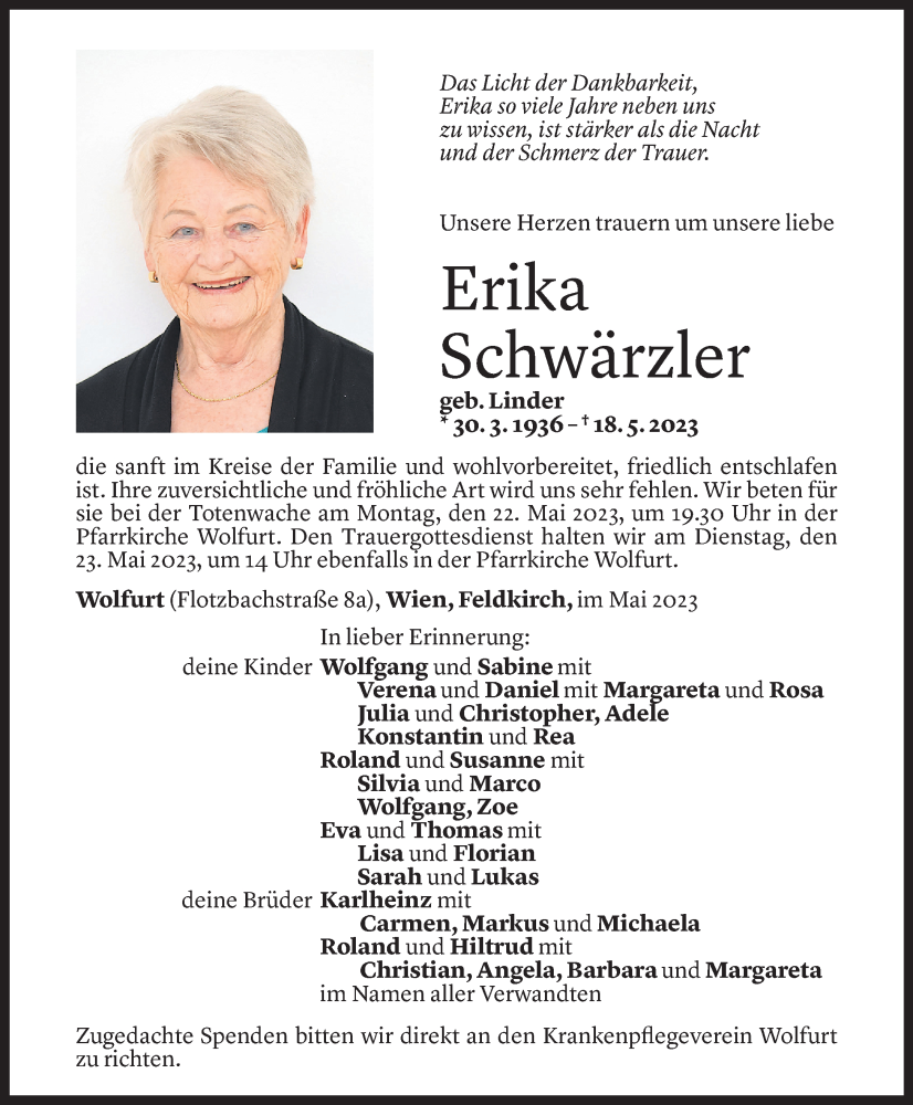  Todesanzeige für Erika Schwärzler vom 20.05.2023 aus Vorarlberger Nachrichten