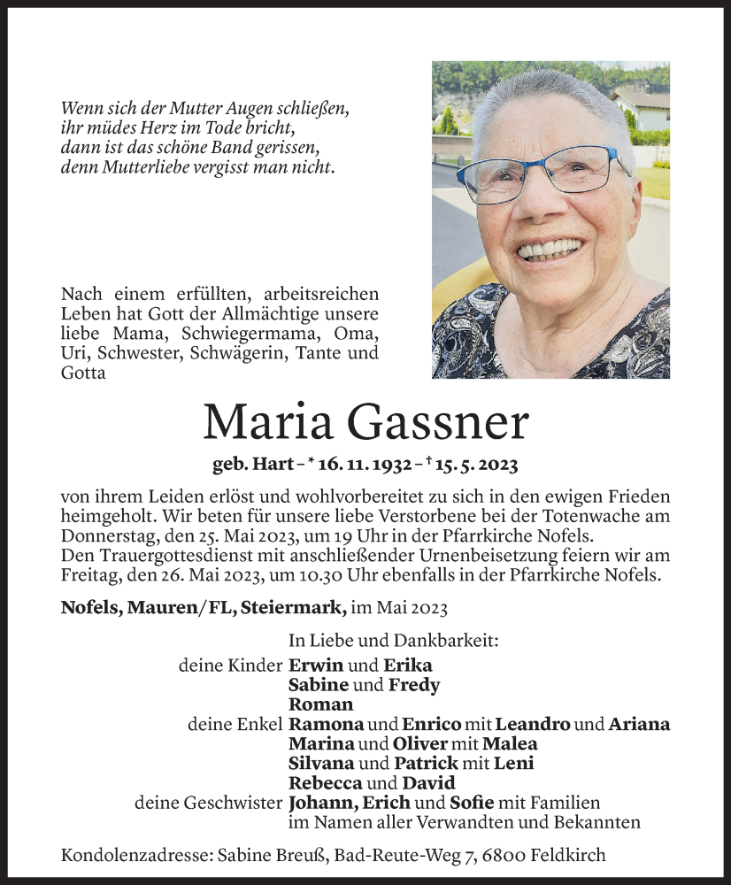  Todesanzeige für Maria Gassner vom 23.05.2023 aus Vorarlberger Nachrichten