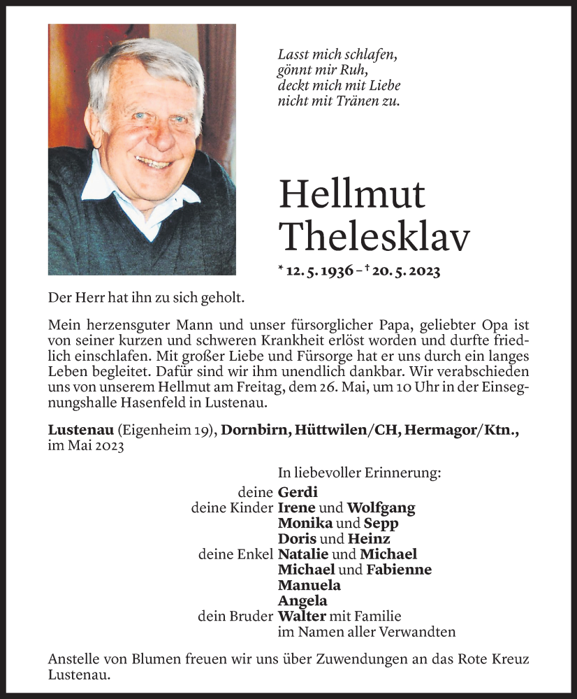  Todesanzeige für Hellmut Thelesklav vom 24.05.2023 aus Vorarlberger Nachrichten
