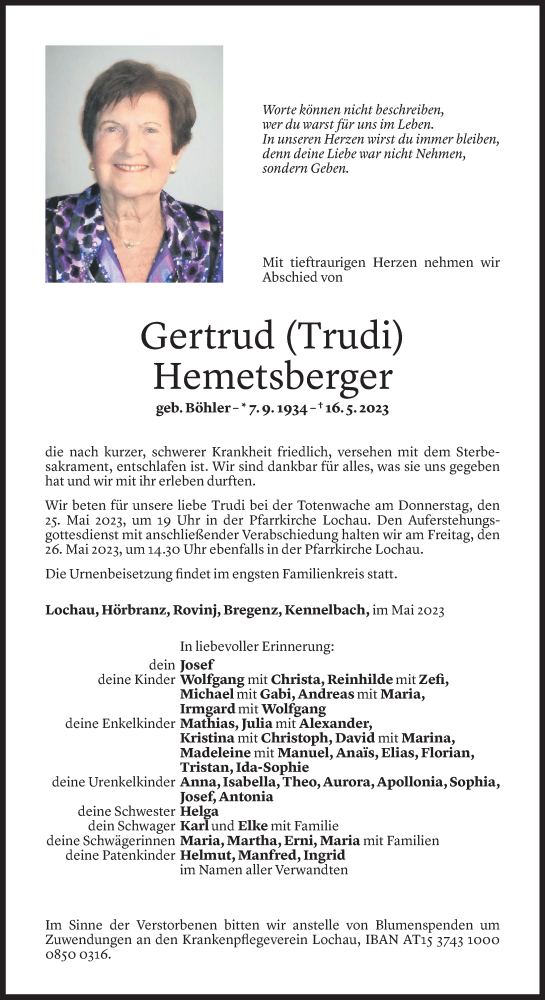  Todesanzeige für Gertrud Hemetsberger vom 23.05.2023 aus Vorarlberger Nachrichten