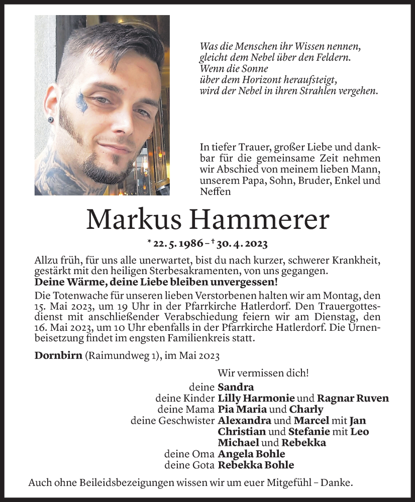  Todesanzeige für Markus Hammerer vom 13.05.2023 aus Vorarlberger Nachrichten