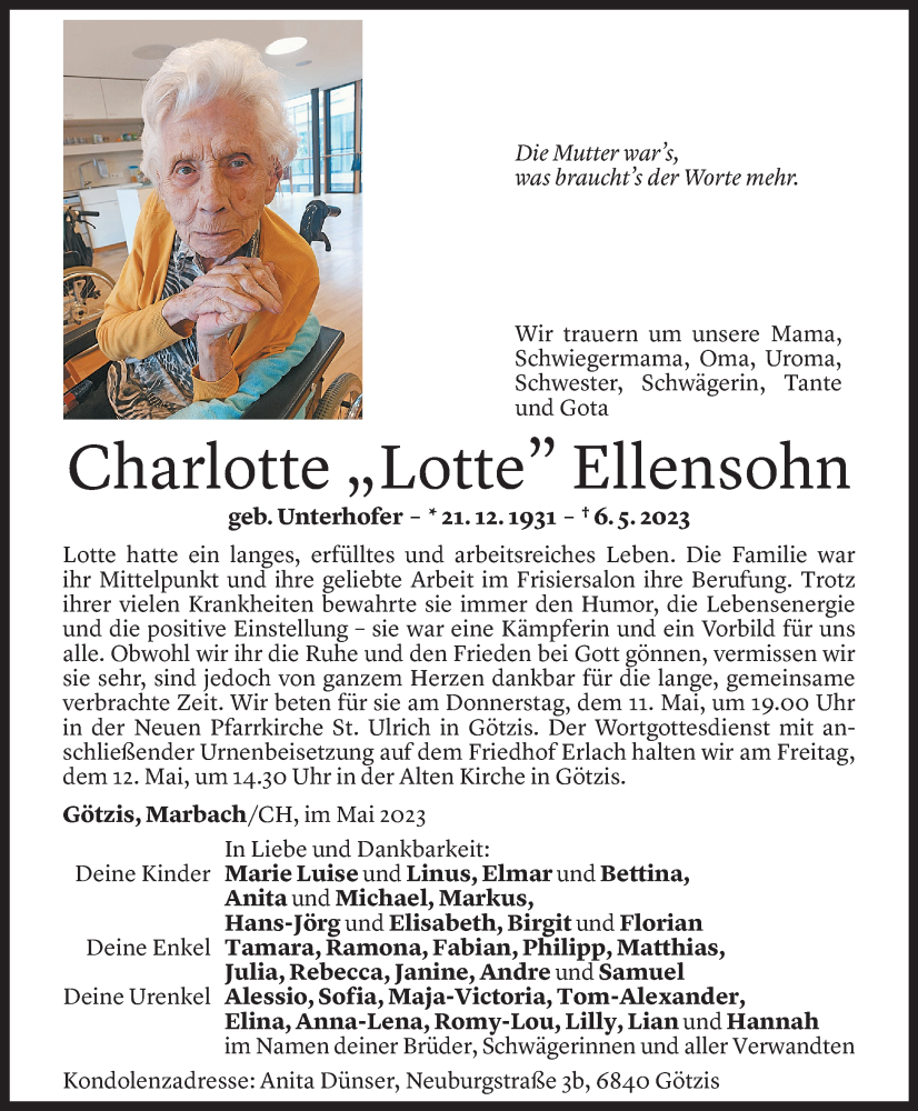  Todesanzeige für Charlotte Ellensohn vom 09.05.2023 aus Vorarlberger Nachrichten