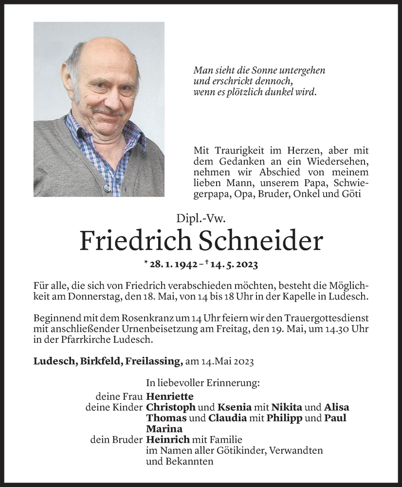  Todesanzeige für Friedrich Schneider vom 17.05.2023 aus Vorarlberger Nachrichten