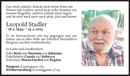 Todesanzeige von Leopold Stadler von Vorarlberger Nachrichten