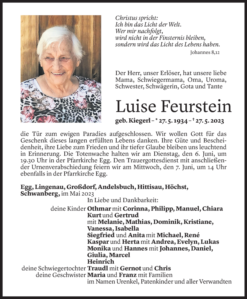  Todesanzeige für Luise Feurstein vom 03.06.2023 aus Vorarlberger Nachrichten