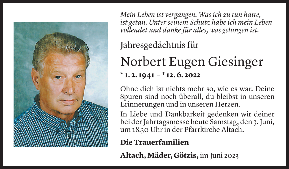  Todesanzeige für Norbert Giesinger vom 03.06.2023 aus Vorarlberger Nachrichten