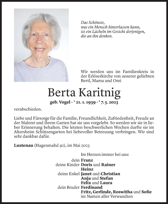 Todesanzeige von Berta Karitnig von Vorarlberger Nachrichten