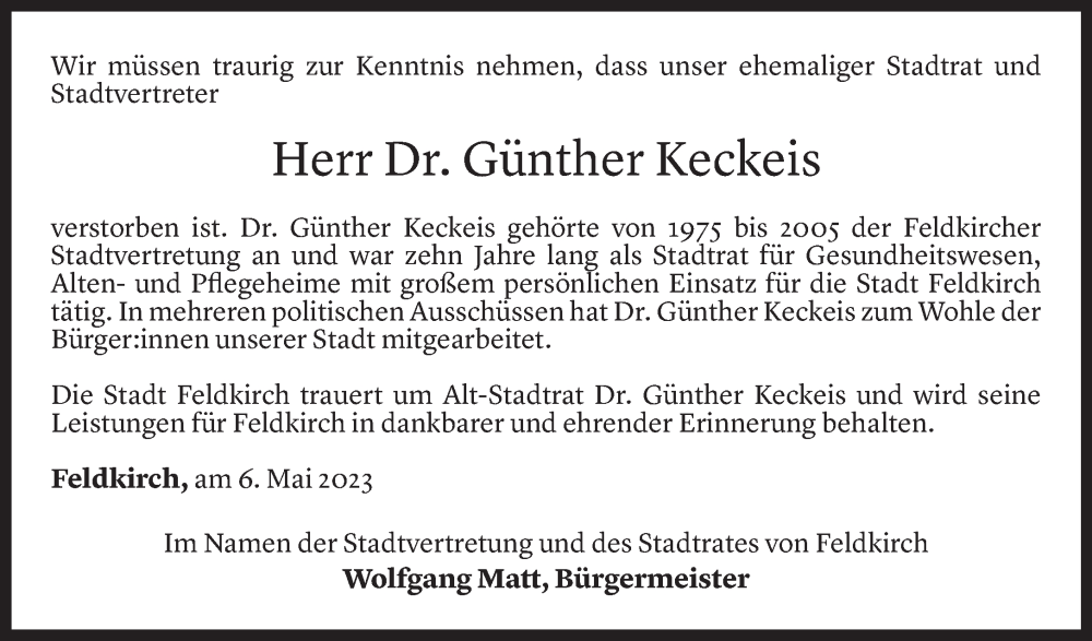  Todesanzeige für Günther Keckeis vom 05.05.2023 aus Vorarlberger Nachrichten