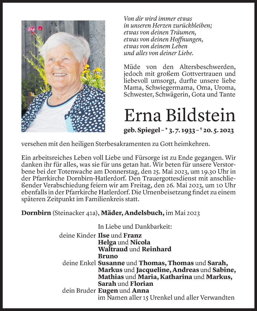 Todesanzeige für Erna Bildstein vom 24.05.2023 aus Vorarlberger Nachrichten
