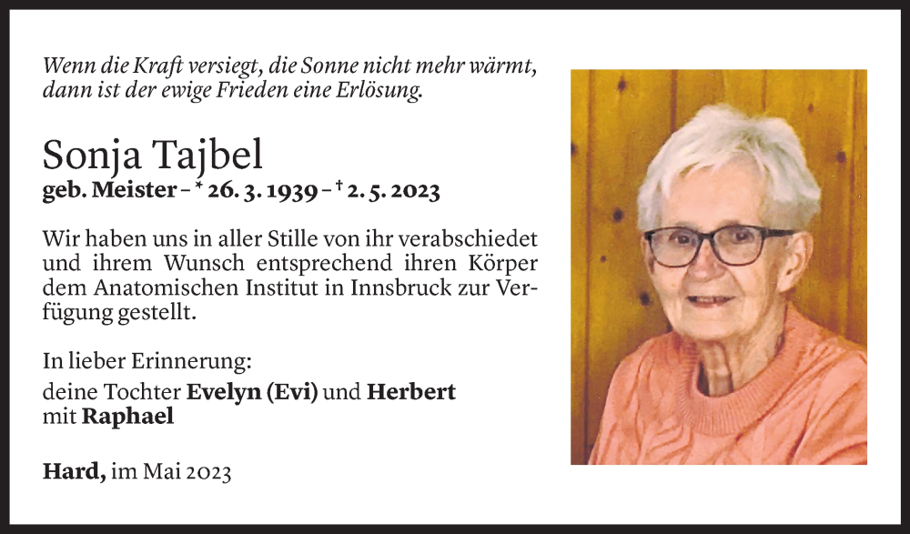 Todesanzeige für Sonja Tajbel vom 27.05.2023 aus Vorarlberger Nachrichten
