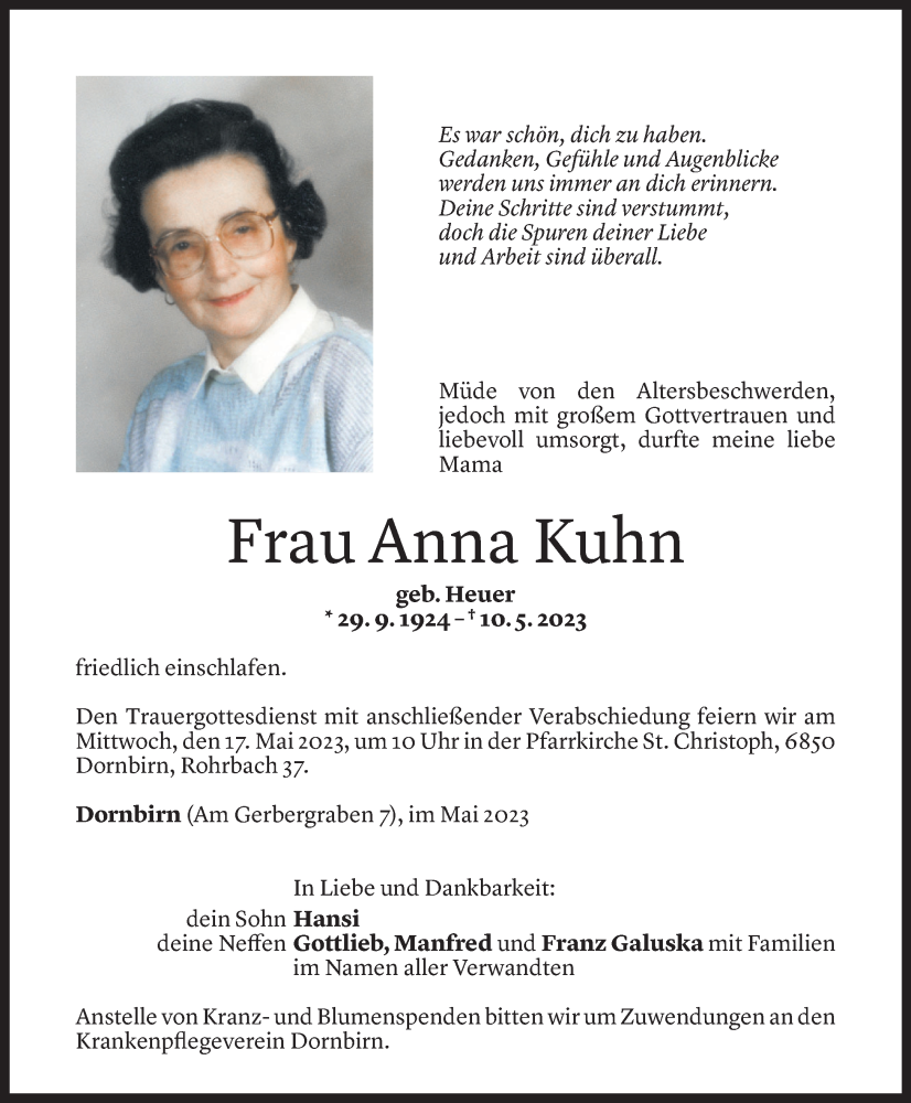  Todesanzeige für Anna Kuhn vom 12.05.2023 aus Vorarlberger Nachrichten