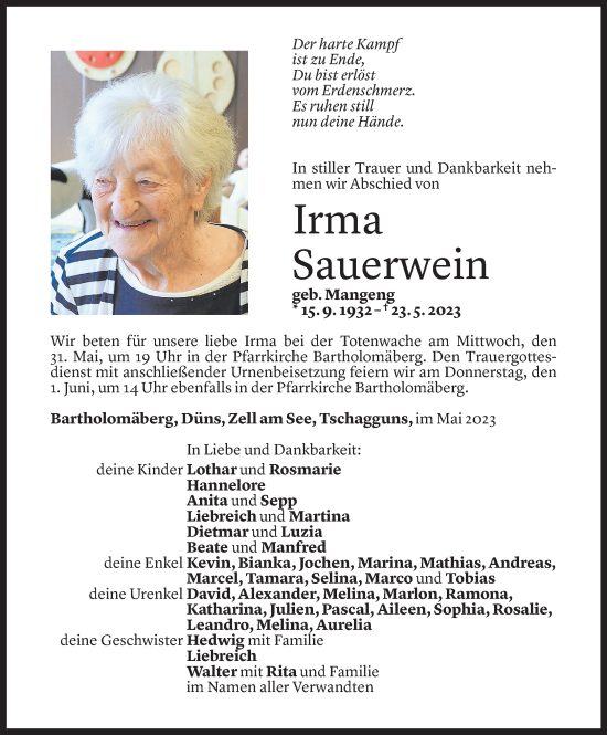 Todesanzeige von Irma Sauerwein von Vorarlberger Nachrichten