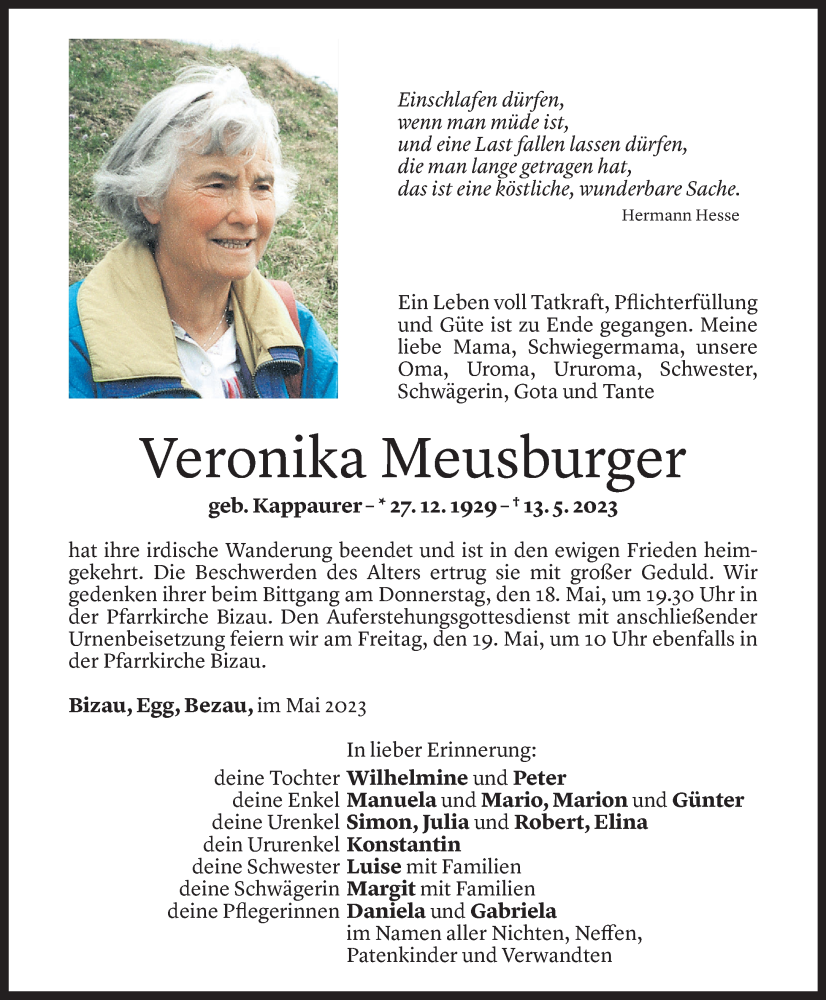  Todesanzeige für Veronika Meusburger vom 17.05.2023 aus Vorarlberger Nachrichten