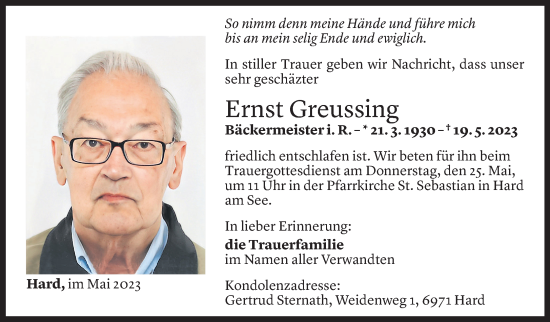 Todesanzeige von Ernst Greussing von Vorarlberger Nachrichten