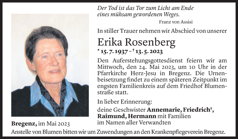  Todesanzeige für Erika Rosenberg vom 19.05.2023 aus Vorarlberger Nachrichten