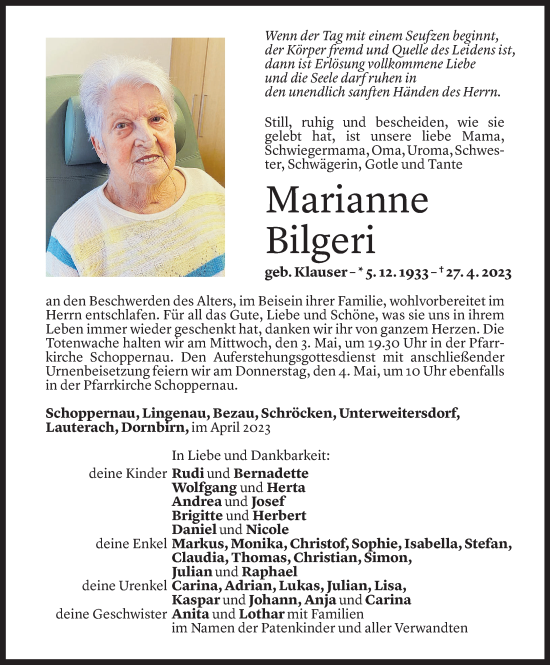 Todesanzeige von Marianne Bilgeri von Vorarlberger Nachrichten