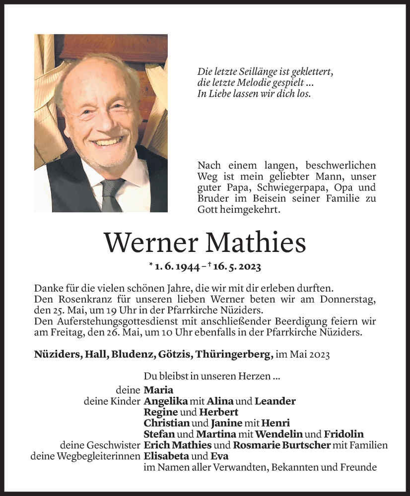  Todesanzeige für Werner Mathies vom 20.05.2023 aus Vorarlberger Nachrichten