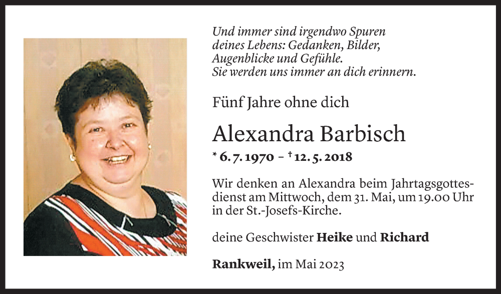  Todesanzeige für Alexandra Barbisch vom 12.05.2023 aus Vorarlberger Nachrichten