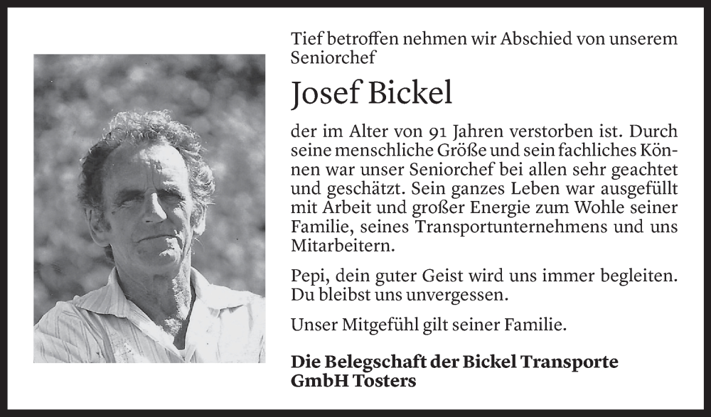  Todesanzeige für Josef Bickel vom 31.05.2023 aus Vorarlberger Nachrichten