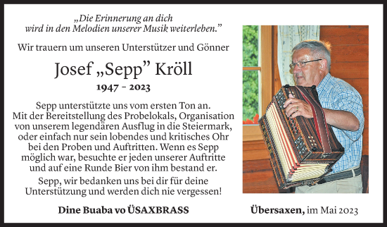 Todesanzeige von Josef Kröll von Vorarlberger Nachrichten