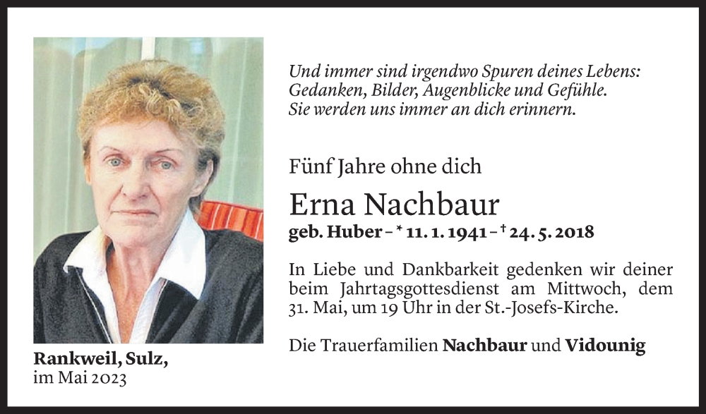  Todesanzeige für Erna Nachbaur vom 24.05.2023 aus Vorarlberger Nachrichten