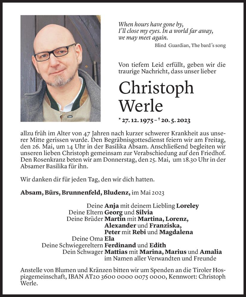  Todesanzeige für Christoph Werle vom 24.05.2023 aus Vorarlberger Nachrichten