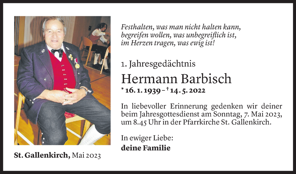  Todesanzeige für Hermann Barbisch vom 05.05.2023 aus Vorarlberger Nachrichten